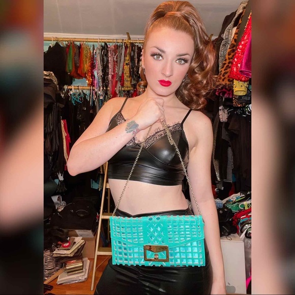Teal Crossbody Caged Clutch with Detachable Strap - Picture 3 of 5